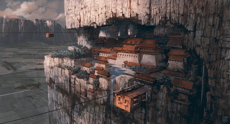 Cliffside village with cable cars and waterfalls
