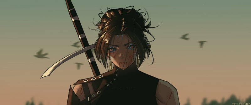 Original character, woman with sword, blurry background