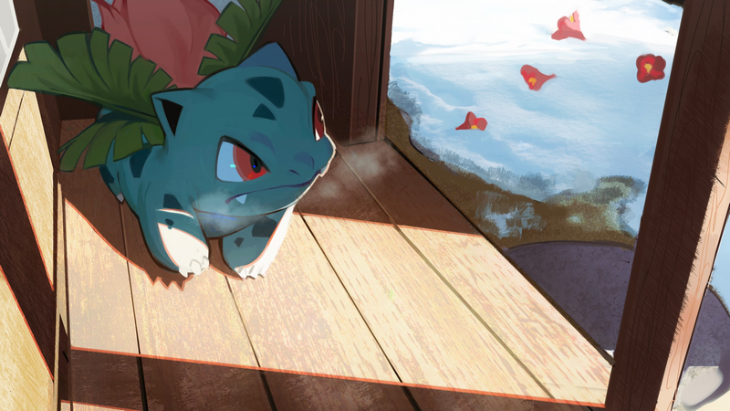 Ivysaur in a wooden room with snow and petals outside