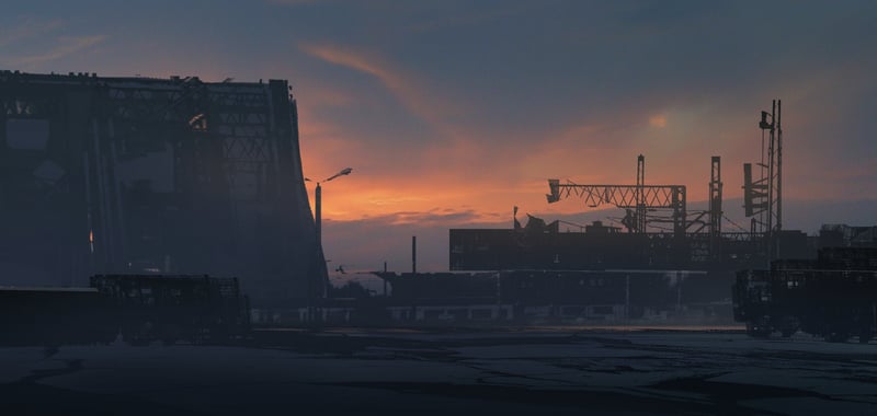 Industrial landscape with cooling tower at sunset