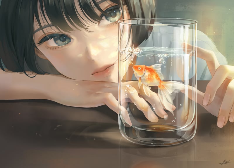 Anime girl looking at a goldfish in a glass
