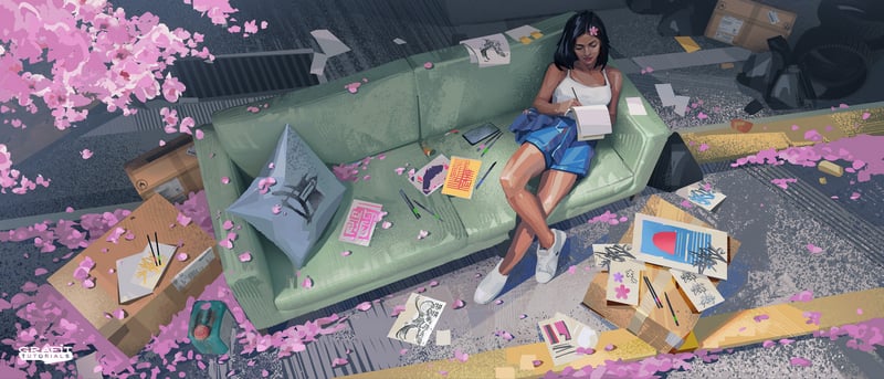 Woman sitting on a couch and drawing surrounded by cherry blossoms