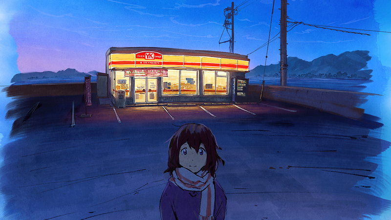 Anime girl in front of a convenience store at night