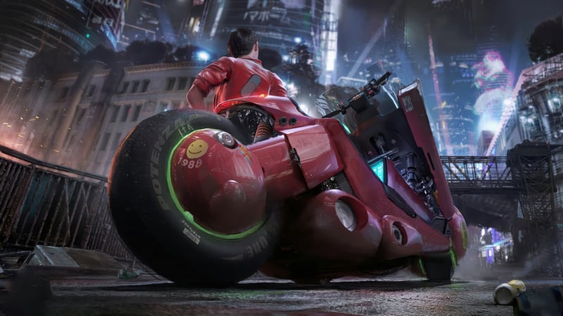 Akira on a red motorcycle in a futuristic city