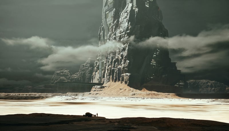 Futuristic desert structure with figures and vehicle
