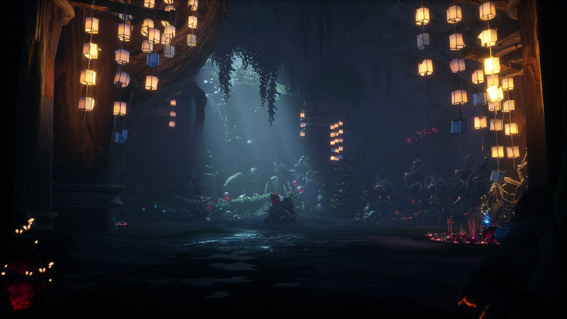 Kena: Bridge of Spirits cave with lanterns and flowers