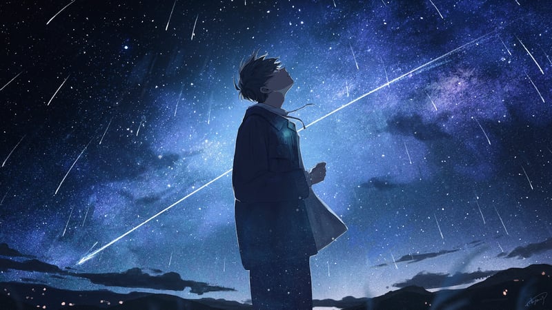 Anime boy looking at shooting stars in the night sky