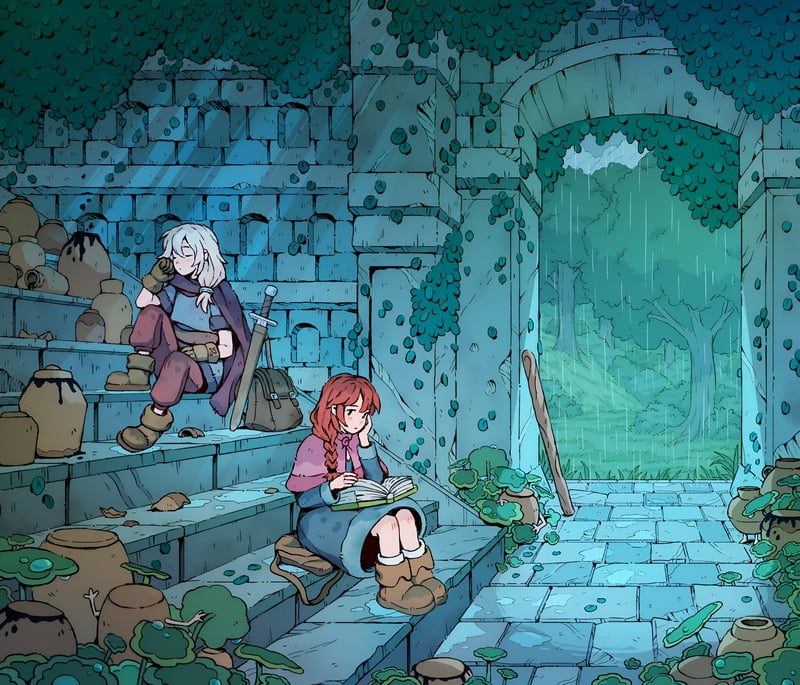 Anime girls reading books on stone steps in the rain