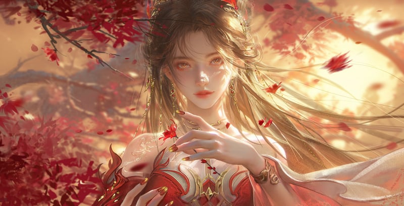 Eunice Ye from Perfect World in red dress with falling petals