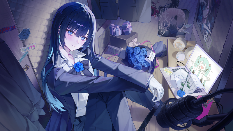 Hatsune Miku in a suit with a rose bouquet