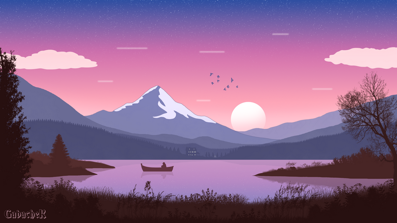 Minimalist landscape with mountains, lake, and sunset
