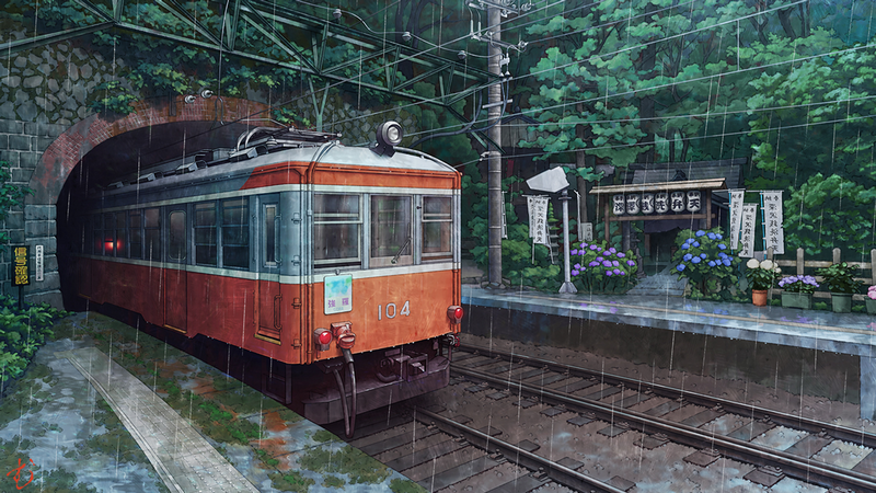 Train at a station in the rain with flowers and trees
