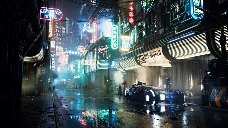 Futuristic car in a neon-lit rainy city