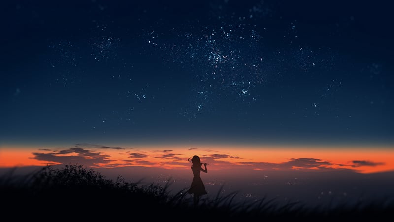 Scenery with a girl playing a flute under a starry sky