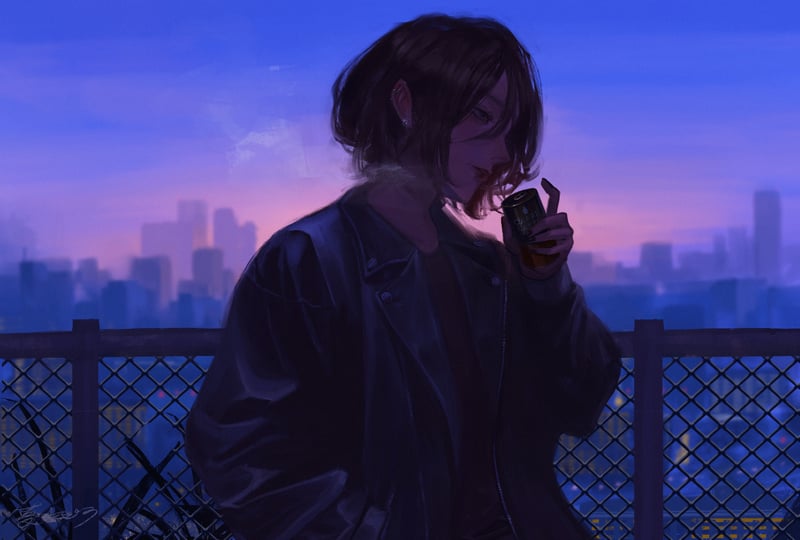 Woman with short hair drinking from a can at sunset