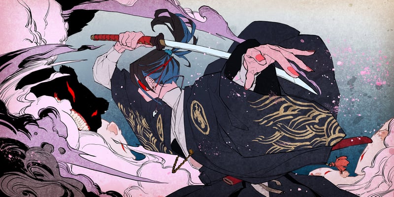 Creature fighting a woman with a sword