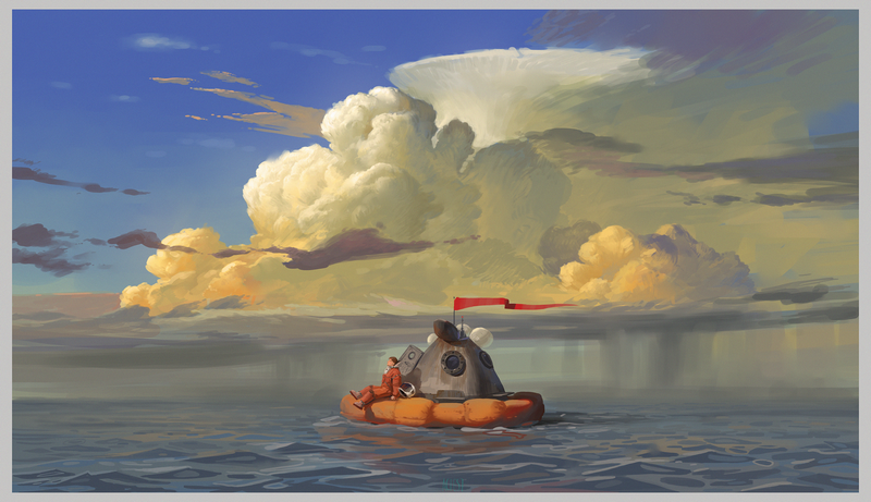 Subnautica: A lone figure in a small vessel faces a massive storm.