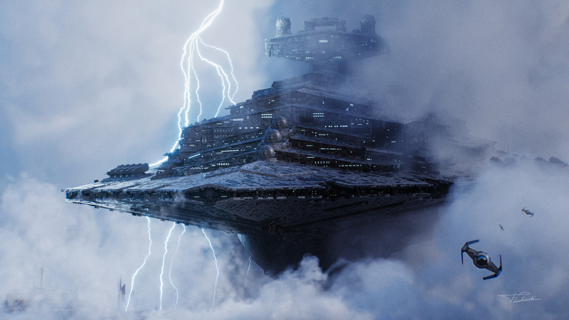 Star Wars Star Destroyer and TIE Fighters in Clouds