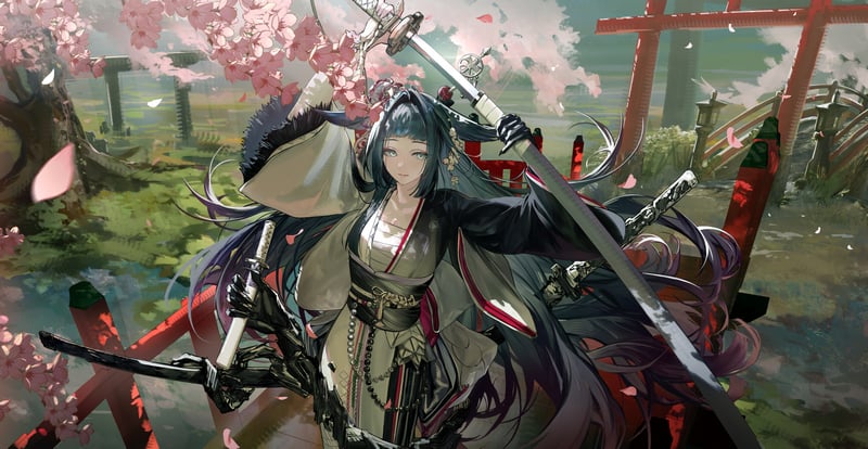Mio (Arknights) with swords and cherry blossoms