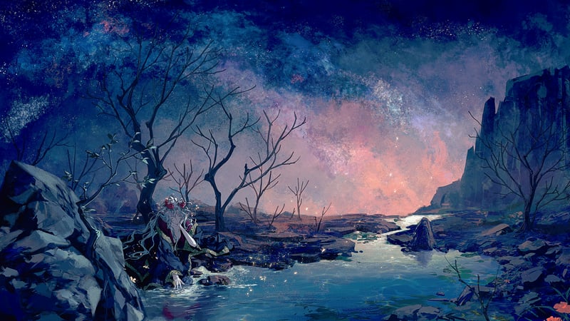 Anime boys in a starry night landscape