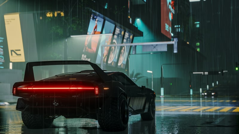 Cyberpunk 2077 Quadra Type 66 car in Night City rain
