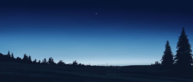 Dark landscape with a crescent moon in the night sky