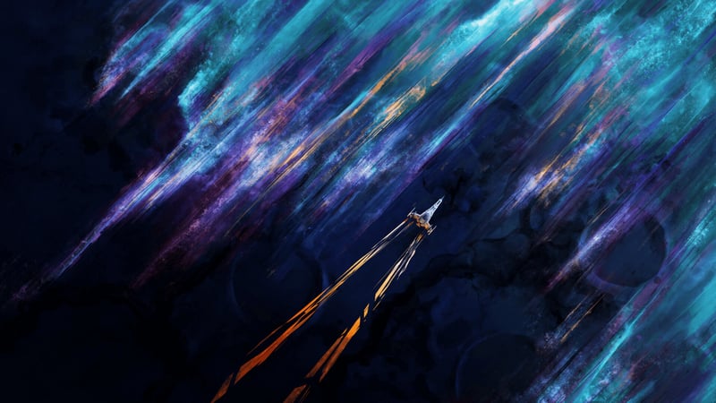 Aircraft flying through colorful cosmic clouds