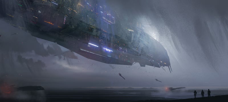 Massive futuristic spaceship hovering over a misty landscape