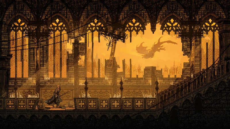 Citadel with a flying dragon and a lone figure