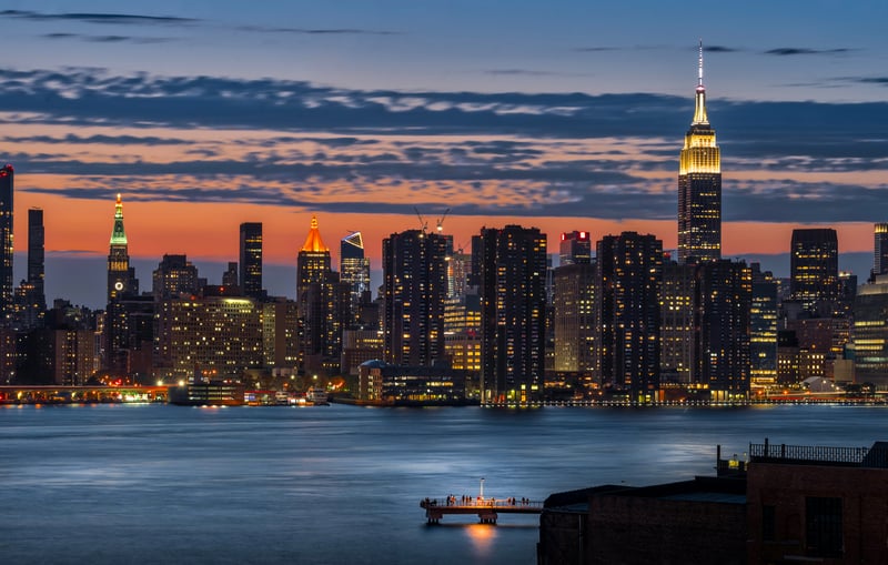 New York City skyline at dusk over the water