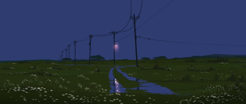 Night landscape with utility poles and puddles