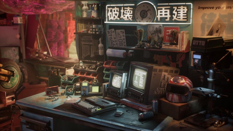 Cyberpunk workshop with screens and tools