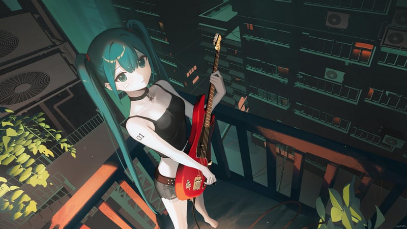 Hatsune Miku with a red electric guitar on a balcony