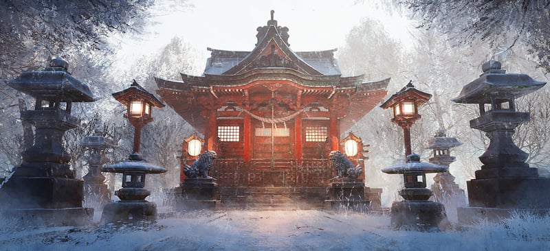 Japanese Shrine in a Snowy Forest with Lanterns
