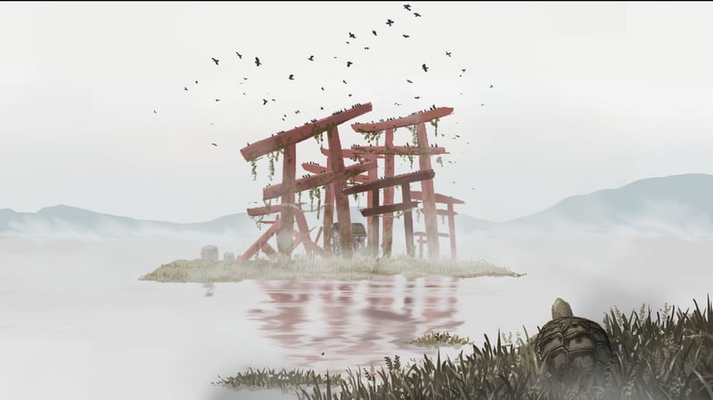 Scenery of dilapidated torii gates on a small island