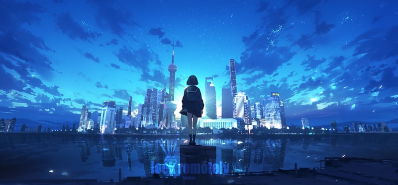 Anime girl standing in front of a futuristic city skyline at night
