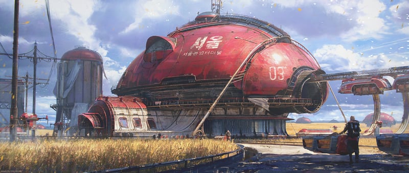 Red futuristic building with Korean text and number 03