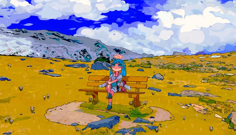 Anime girl with halo sitting on a bench in a mountainous landscape