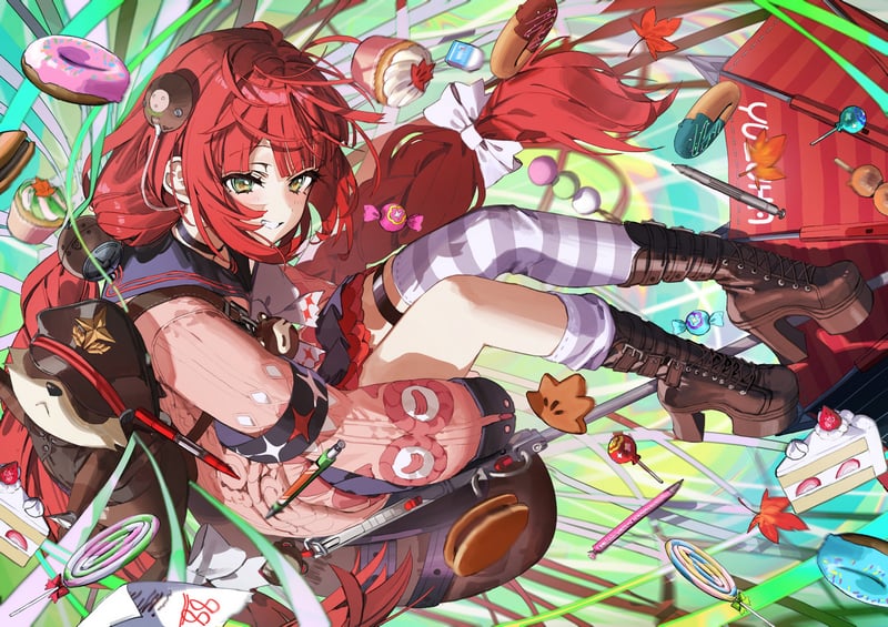 Ukinami Yuzuha from Zenless Zone Zero surrounded by sweets