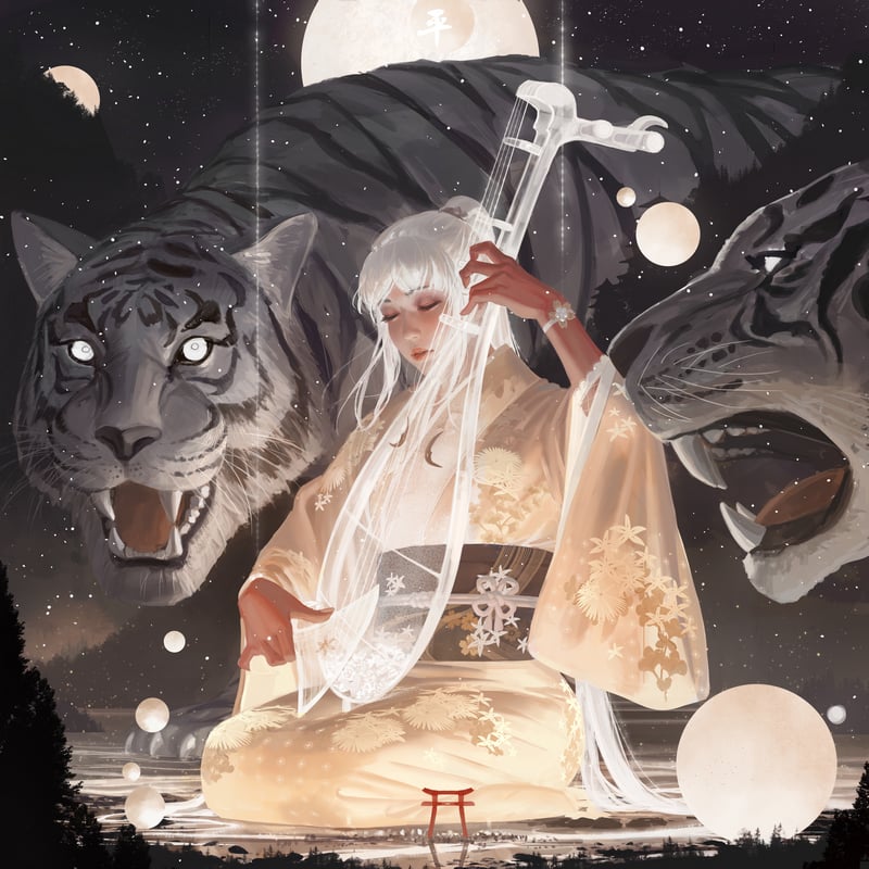 Original Characters playing a musical instrument with tigers