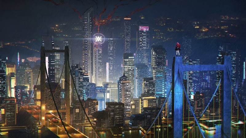 Anime girl on a bridge overlooking a futuristic city