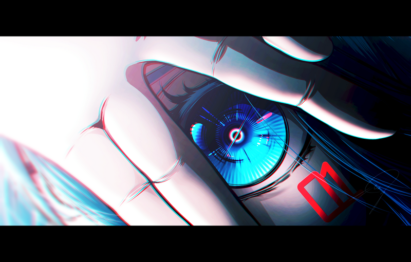 Hatsune Miku close-up on eye with robotic details