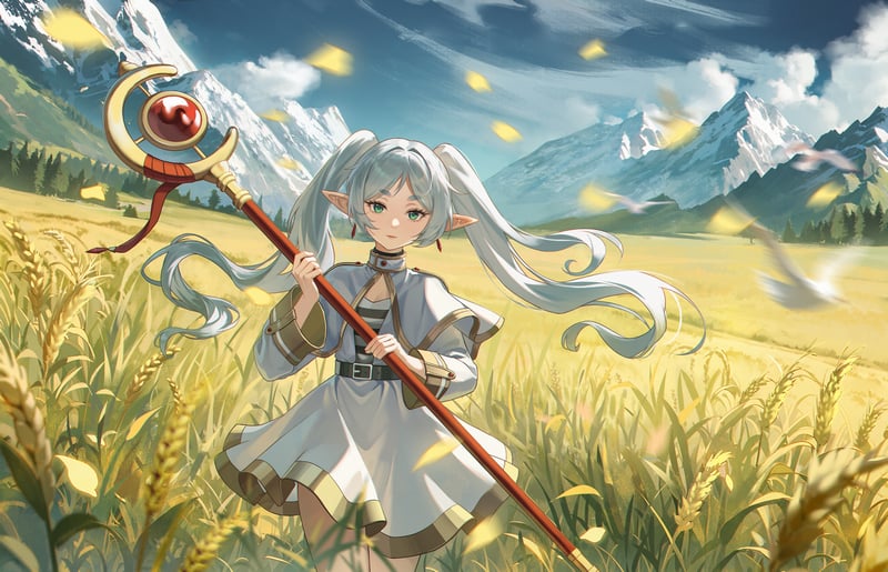 Sousou No Frieren in a Wheat Field with Mountains
