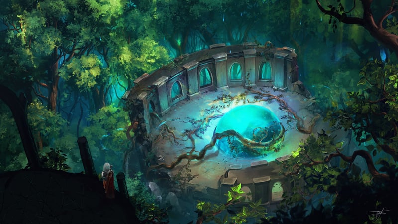 Fantasy girl in armor near a glowing portal in a forest