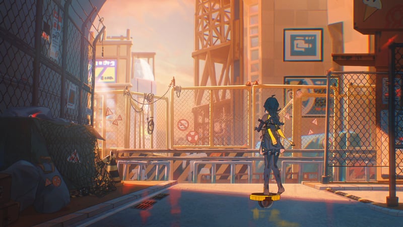 Zenless Zone Zero character on a hoverboard in a city