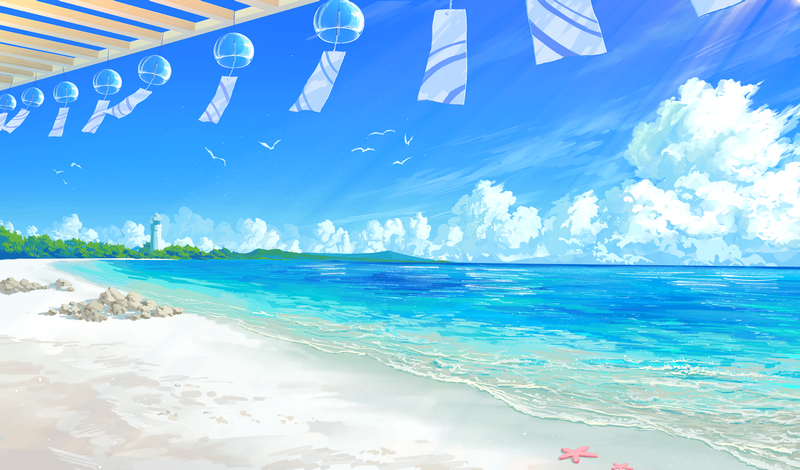 Beach scene with wind chimes and ocean waves