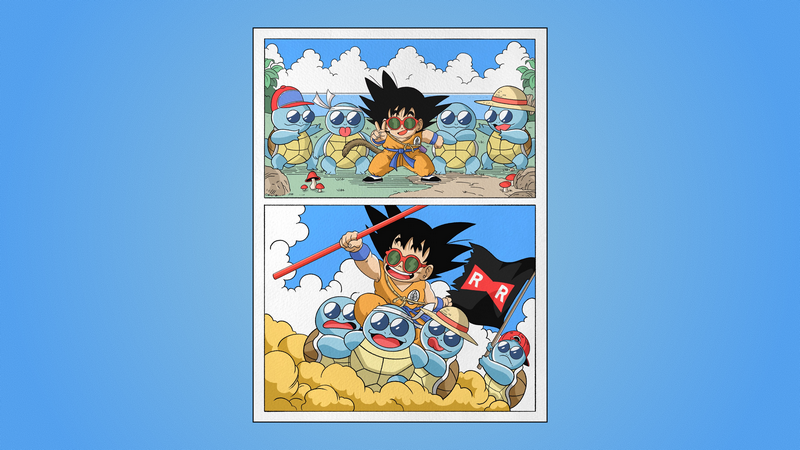 Son Goku and Squirtles with Red Ribbon Army flag