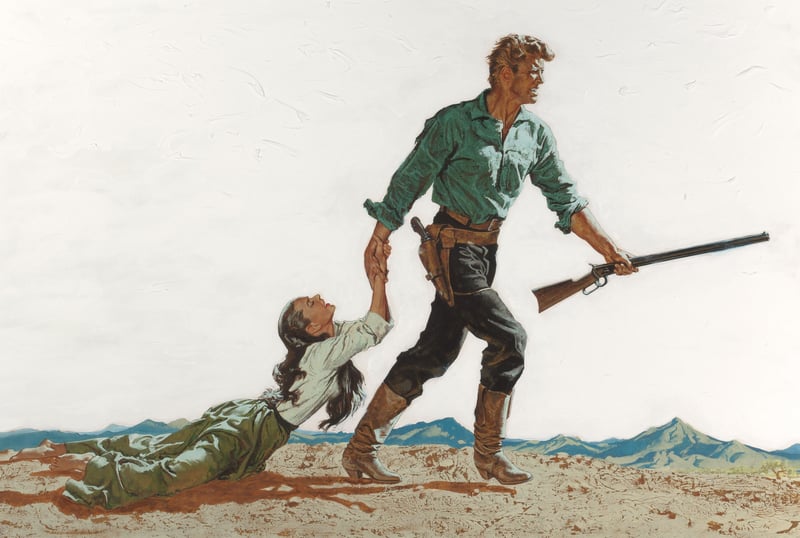 Gunslinger pulling a woman through a desert landscape