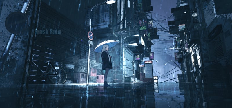Anime girl with umbrella in rainy city street