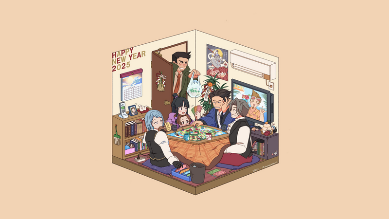 Ace Attorney characters celebrating New Year 2025 with board games